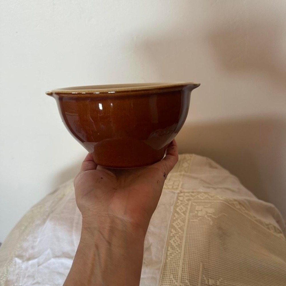 Brown ceramic stoneware from Portugal signed bowl with a glossy finish